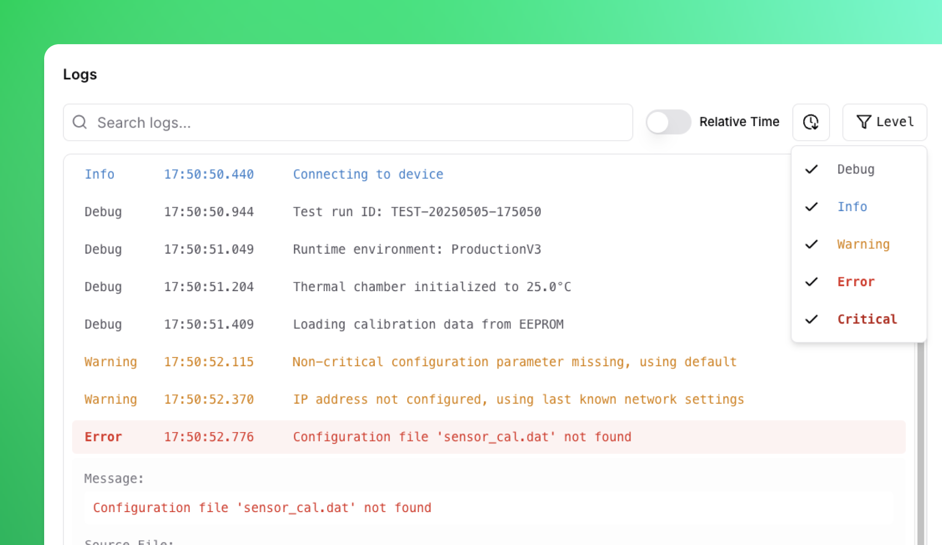 Test Logs in the Run Page